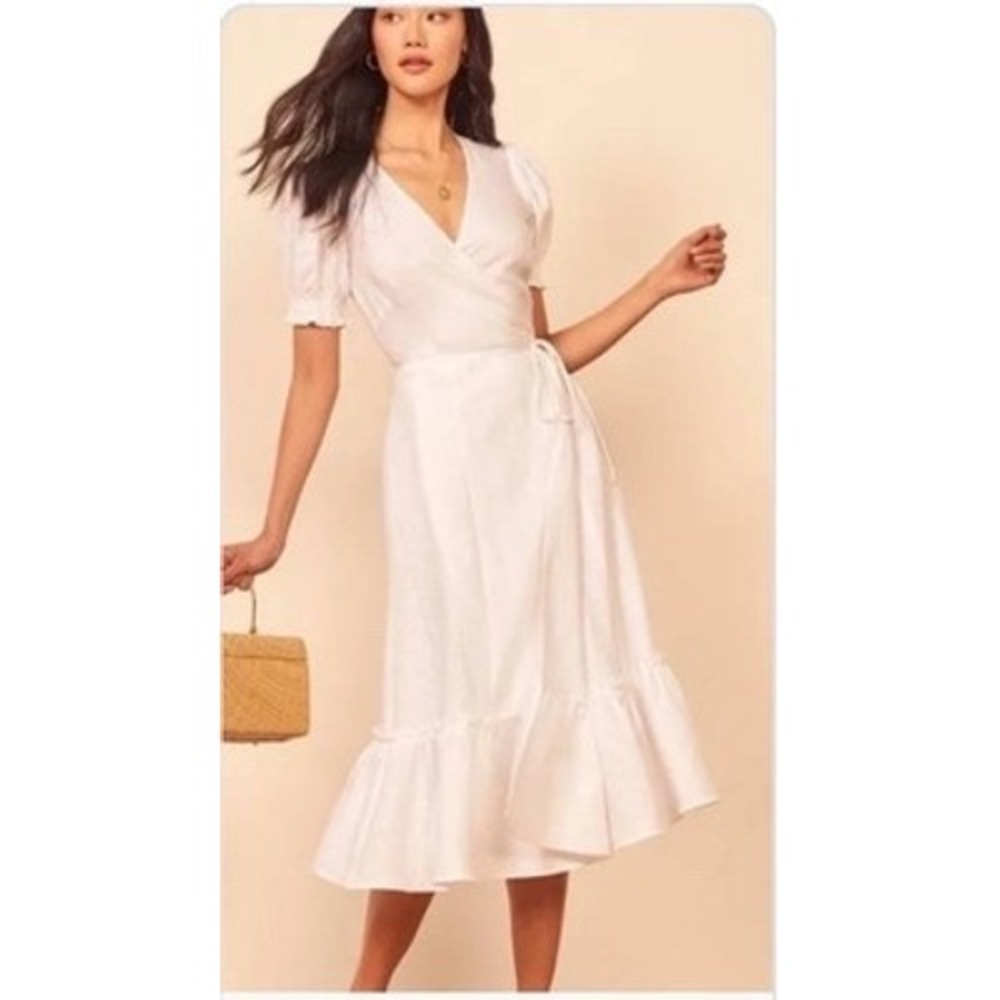 $430 Reformation Calista White 100% Linen Wrap Midi Dress Tiered Ruffle Hem M